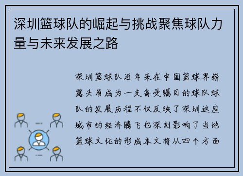 深圳篮球队的崛起与挑战聚焦球队力量与未来发展之路