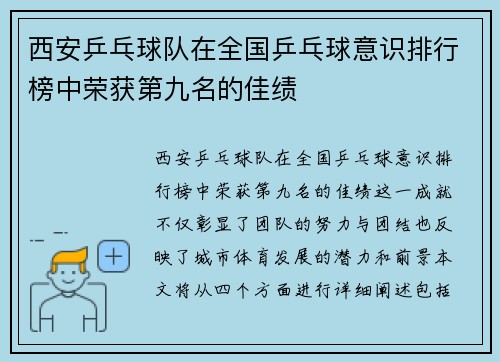 西安乒乓球队在全国乒乓球意识排行榜中荣获第九名的佳绩
